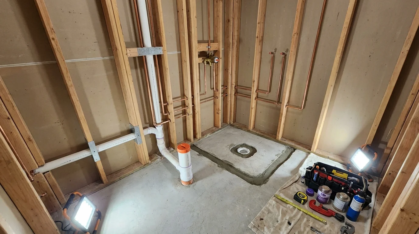 Bathroom rough-in plumbing during remodel by Johns Plumbing LLC in Black River Falls