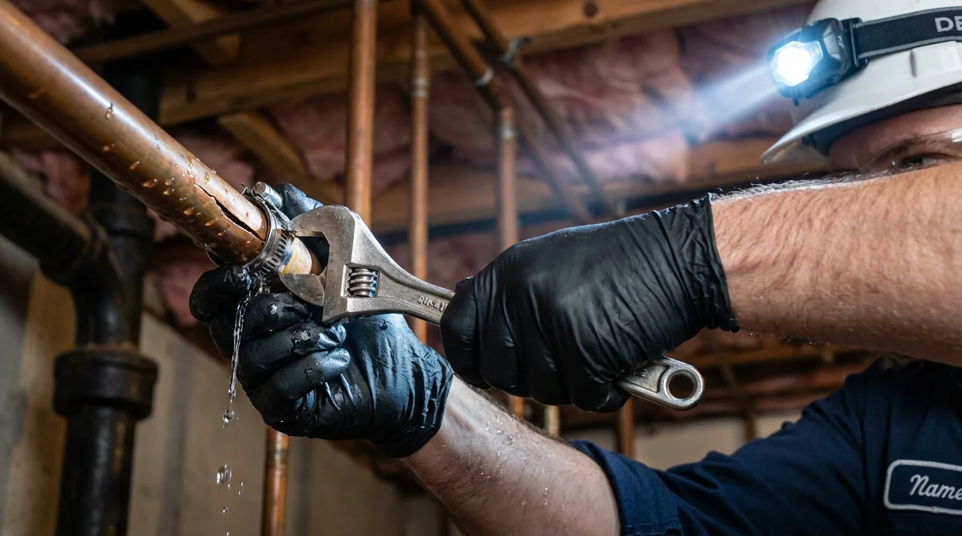 Emergency pipe clamp repair being performed by a Johns Plumbing LLC plumber in Black River Falls