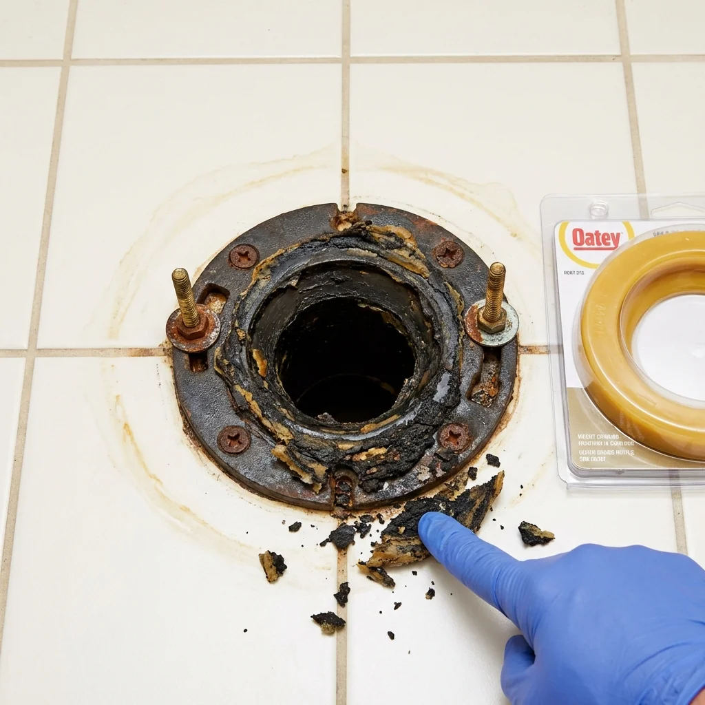 Failed wax ring showing water seepage at the base of a toilet in a Black River Falls, WI home